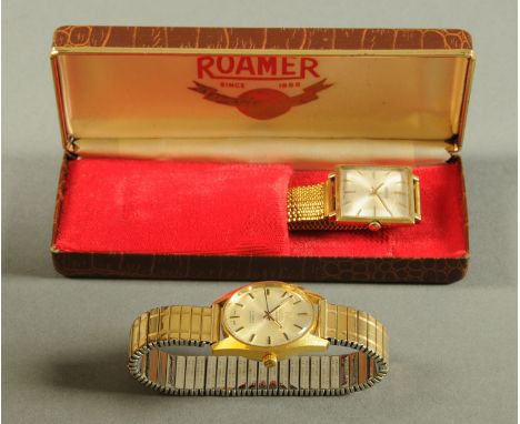 Two vintage Roamer gentleman's wristwatches, circular Vanguard and another square, one box.  
