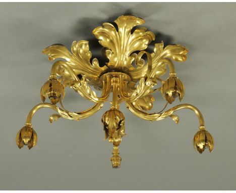 An early 20th century brass five branch electric ceiling light fitting.  Diameter +/- 52 cm. 