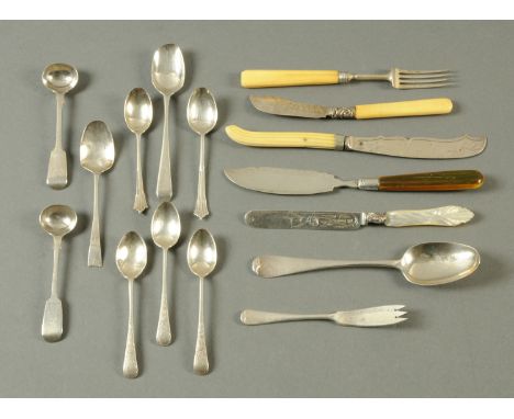 Sixteen pieces of silver flatware, including four butter knives, various makers and marks.