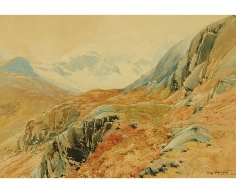 Henry Robinson Wilkinson (1884-1975), watercolour, "The First Snow, Coniston Fells".  26 cm x 35 cm, framed, signed.  ARR