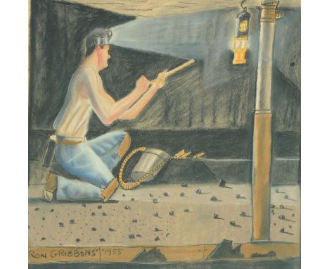 Ron Gribbons, pastel, miner with stemming stick.  60 cm x 60 cm, framed, signed and dated 1955.