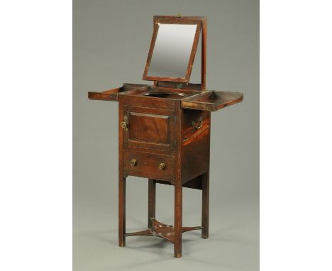 A George III mahogany square washstand, with fold over top, rear slide, cupboard door and drawer.  Width 39 cm.    CONDITION 