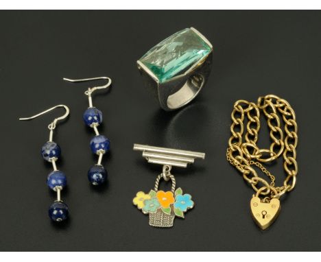 Silver - a blue stone statement ring, circa 2000, a crucifix and chain, circa 1860, enamel flower basket brooch, circa 1950, 