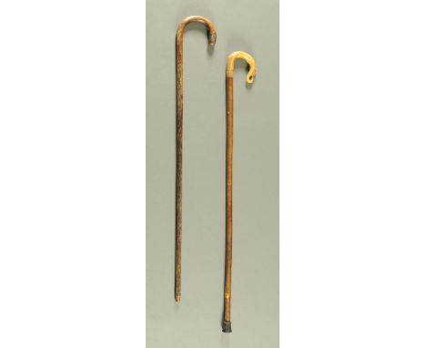 A silver mounted walking stick, and a horn mounted walking stick.    CONDITION REPORT:  The horn handled stick is in generall