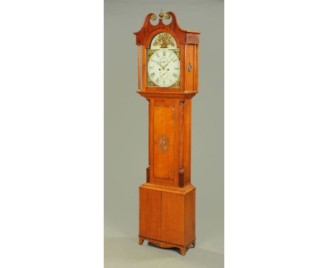 A 19th century oak and mahogany longcase clock, with swans neck pediment above the arched painted dial with two-train strikin