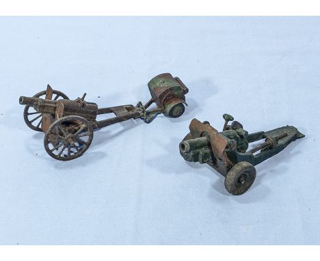 Two vintage Britain's artillery carriage guns and a Dinky arms box