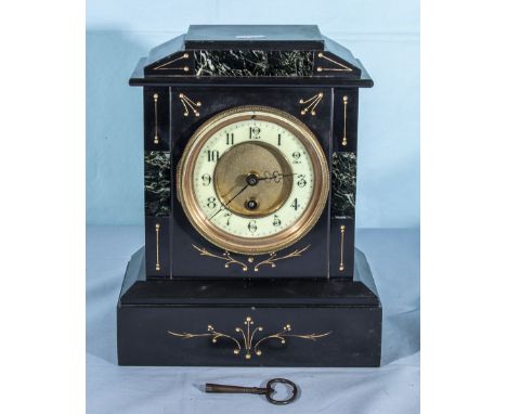 A Victorian black slate and marble mantel clock 27cm