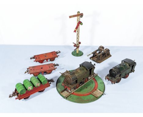 Two vintage Hornby engines, rolling stock turntable and signal