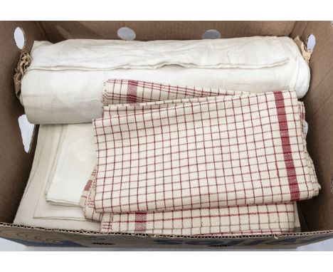 A box of vintage linen cloth and others