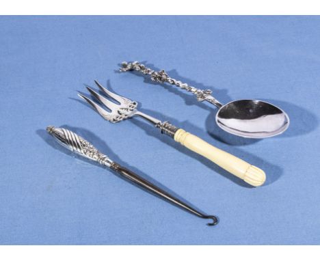 A silver spoon, fork and a boot hook