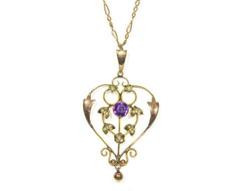 A 9ct gold pendant set with an amethyst and seed pearls with 9ct gold chain length 42cm, 4.6gms