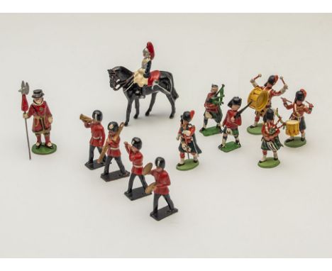 A vintage Britain's military band pieces, a Beefeater, mounted military piece, two Highland soldiers and four later plastic p