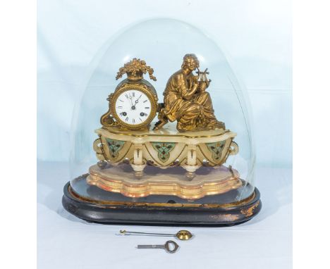 A French champleve enamel and alabaster mantel clock with Japy Freres cylinder movement striking on a bell, under glass dome