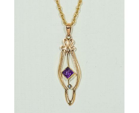 A 9ct gold pendant set with an amethyst and seed pearl, with 9ct gold chain length 44cm, 3.3gms