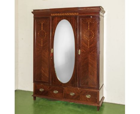 Edwardian inlaid mahogany double wardrobe, with glass panel door and two drawers, 152cm wide x 206cm tall x 47cm deep