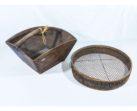 A vintage wooden French trug and a garden sieve