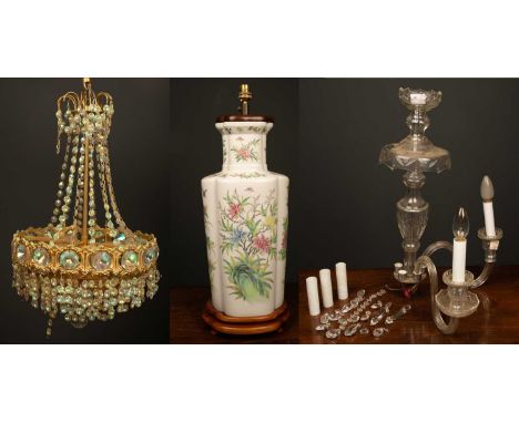 A white Chinese porcelain vase converted to a table lamp, on wooden stand, 53cm high together with a hanging ceiling light wi