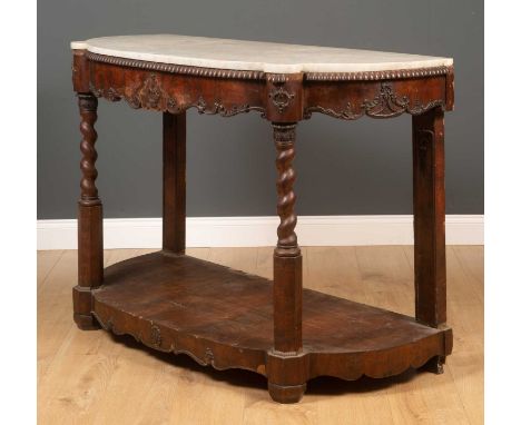 A 19th century walnut marble topped console table, shaped form outset supports with barley twist decoration and a conforming 