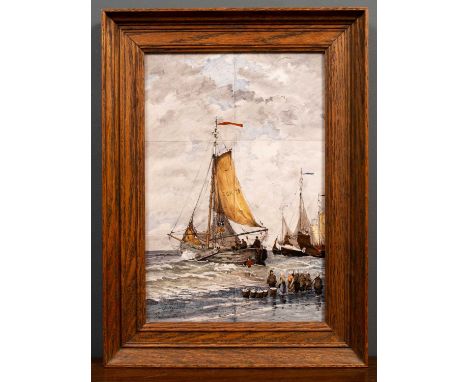 Paul Van DortUnloading the catch from a fishing vessel, signed and inscribed (lower left), six tile panel, 38 x 25cm, in oak 