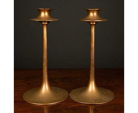 A pair of arts and crafts Dryad brass candlesticks, with monogrammed initials to the base, 24.5cm high (2)Surface amrks and s