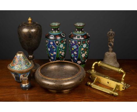 A group of collectables to include a pair of cloisonne jars, 247cm high; a black and gold cloisonne jar with lid and dish, th