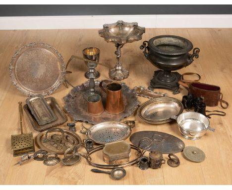 A collection of metalware to include silver plated serving dishes, a silver plated salver, a copper flagon, a pewter candlest