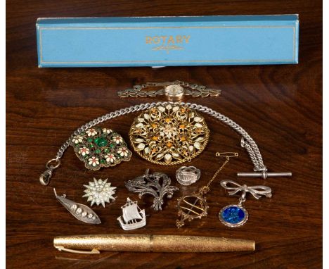 A collection of jewellery comprising a gold cased Rotary ladies bracelet watch with original box, the case back stamped 375, 