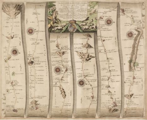 * Ogilby (John). The Road from London to Barstable in Devonshire, [1676 or later], hand coloured engraved strip road map, 'fo