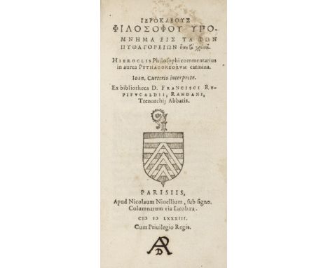 Hierocles of Alexandria. [Greek title] Commentarius in aurea Pythagoreorum carmina. Joan. Curterio interprete, Paris: at the 