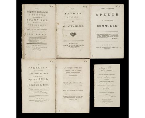 [Stamp Act]. Group of pamphlets, 1766, comprising: 1. [Pitt, William, the Elder, 1st Earl of Chatham]. The Celebrate Speech o