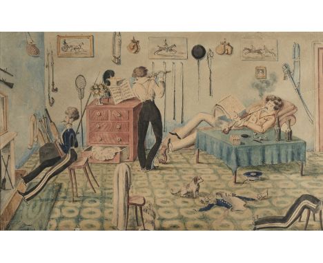 * Watercolours &amp; prints. The Officers' Mess, circa 1840, ink and watercolour view of the interior of an officers mess, sh