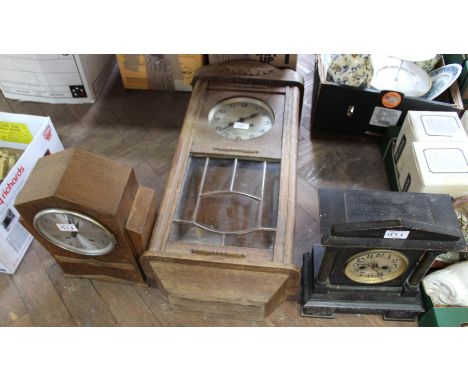 An oak wall clock plus two mantel clocks