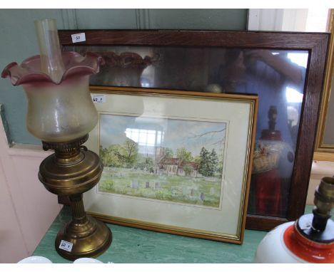 A Pears print of a lady, nun and chickens, a church watercolour plus a brass oil lamp