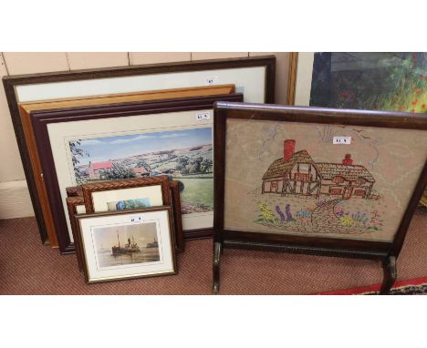 Various tractor prints plus a woolwork fire screen