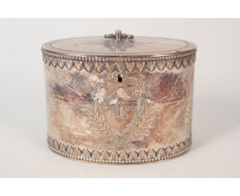 A 19th Century oval silver plate on copper tea caddy