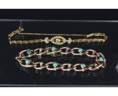 A 9ct gold turquoise and pearl set bracelet (as found) and a yellow metal green stone and pearl set bracelet (stones missing 