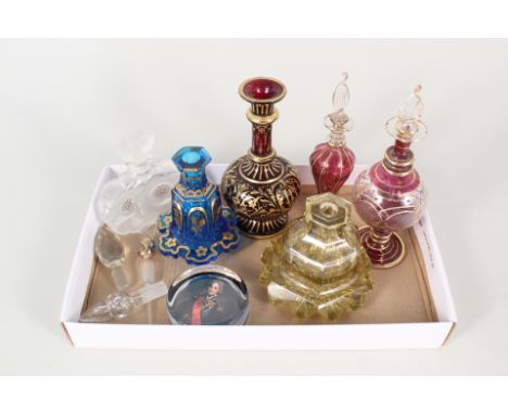 A Victorian ruby and gilt glass vase, scent bottles etc