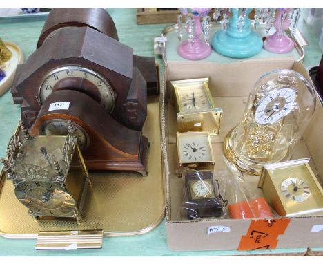 Two oak plus one inlaid mahogany mantel clocks plus a quartz lantern clock and various others