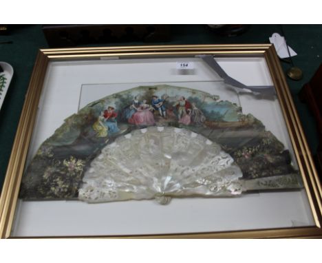 A 19th Century cased fan with carved and pierced mother of pearl blades and figures painted paper (some edge losses)