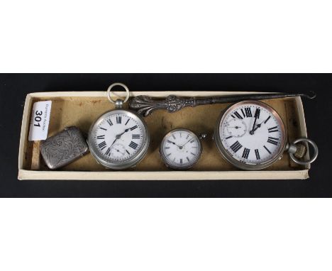 Two nickel plated pocket watches, a silver engraved vesta and button hook plus a lady's pocket watch (as found)