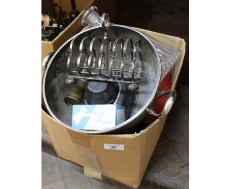 A silver plated punch bowl, Werra camera, boxed baby Brumas soap, books plus other items