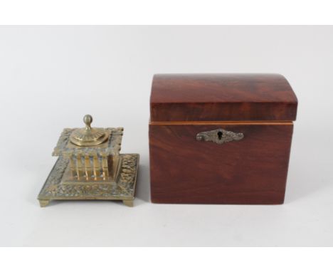 A 19th Century mahogany single compartment tea caddy plus a brass inkwell