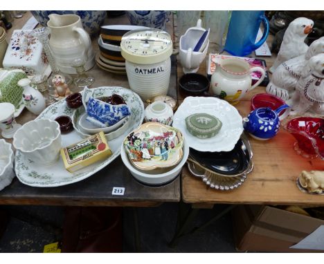 TWO ANTIQUE JELLY MOULDS, VARIOUS KITCHENALIA, STAFFORDSHIRE TYPE SPANIELS, WEDGWOOD TRINKET BOX ETC. 