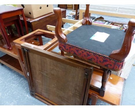 A MID CENTURY TEAK AND TILE TOP COFFEE TABLE, AN ORIENTAL OCCASIONAL TABLE, A VONO FOLDING BRIDGE TABLE, ETC.
