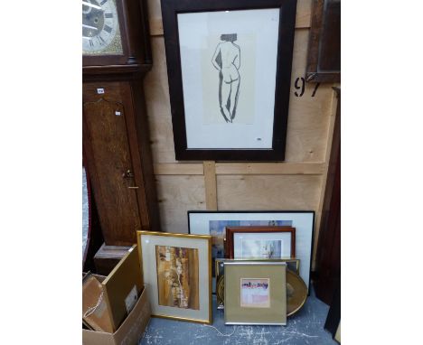 A FRAMED PRINT AFTER LOWRY TOGETHER WITH VARIOUS PRINTS BY DIFFERENT HANDS AND TWO WATERCOLOURS BY DAVID EASTON
