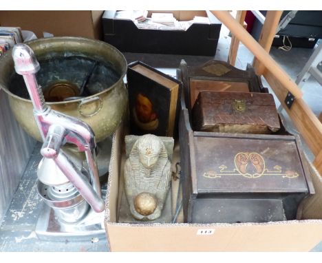 AN ART NOUVEAU HALL MIRROR WITH GLOVE BOX, A BOOK TYPE BOX, A CARVED WOOD BOX, A VINTAGE JUICER, A BRASS PLANTER ETC. 