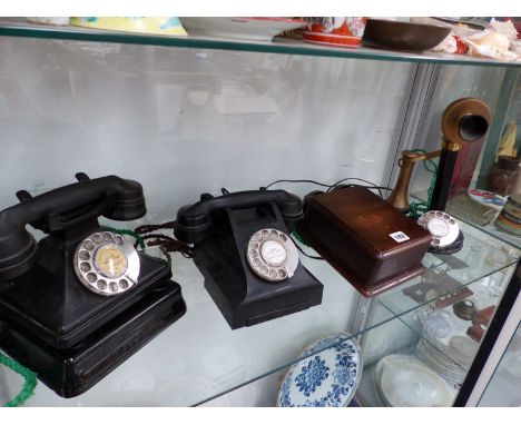 TWO VINTAGE BAKELITE TELEPHONES AND A CANDLESTICK TELEPHONE. 