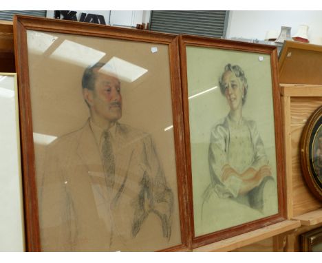 MID 20TH CENTURY ENGLISH SCHOOL. A PAIR OF PASTEL PORTRAIT STUDIES INDISTINCTLY SIGNED AND DATED EACH 66 x 55cms, TOGETHER WI