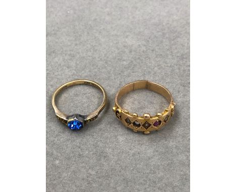 AN ANTIQUE 15ct GOLD RUBY AND SEED PEARL RING, UN HALLMARKED, XRAY TESTED, TOGETHER WITH A 9CT AND SILVER VINTAGE BLUE STONE 