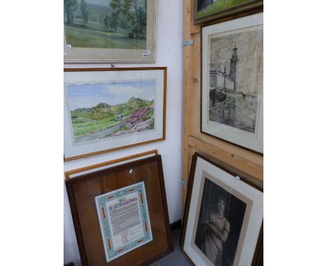 19TH C. ENGLISH SCHOOL, HIGHLAND LAKE VIEW, OIL ON CANVAS, TOGETHER WITH VARIOUS 20TH. C. WATER COLOURS, AND VINTAGE PRINTS. 